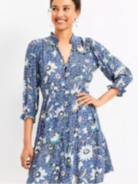 Blue Floral Ruffle-Trim Fit & Flare Dress